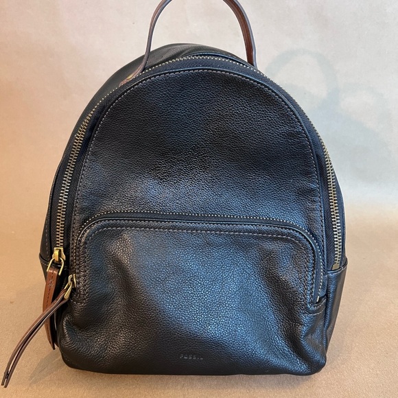 Fossil Black Genuine Leather Brown Gold Hardware Small Zip Backpack Felicity - Picture 1 of 13